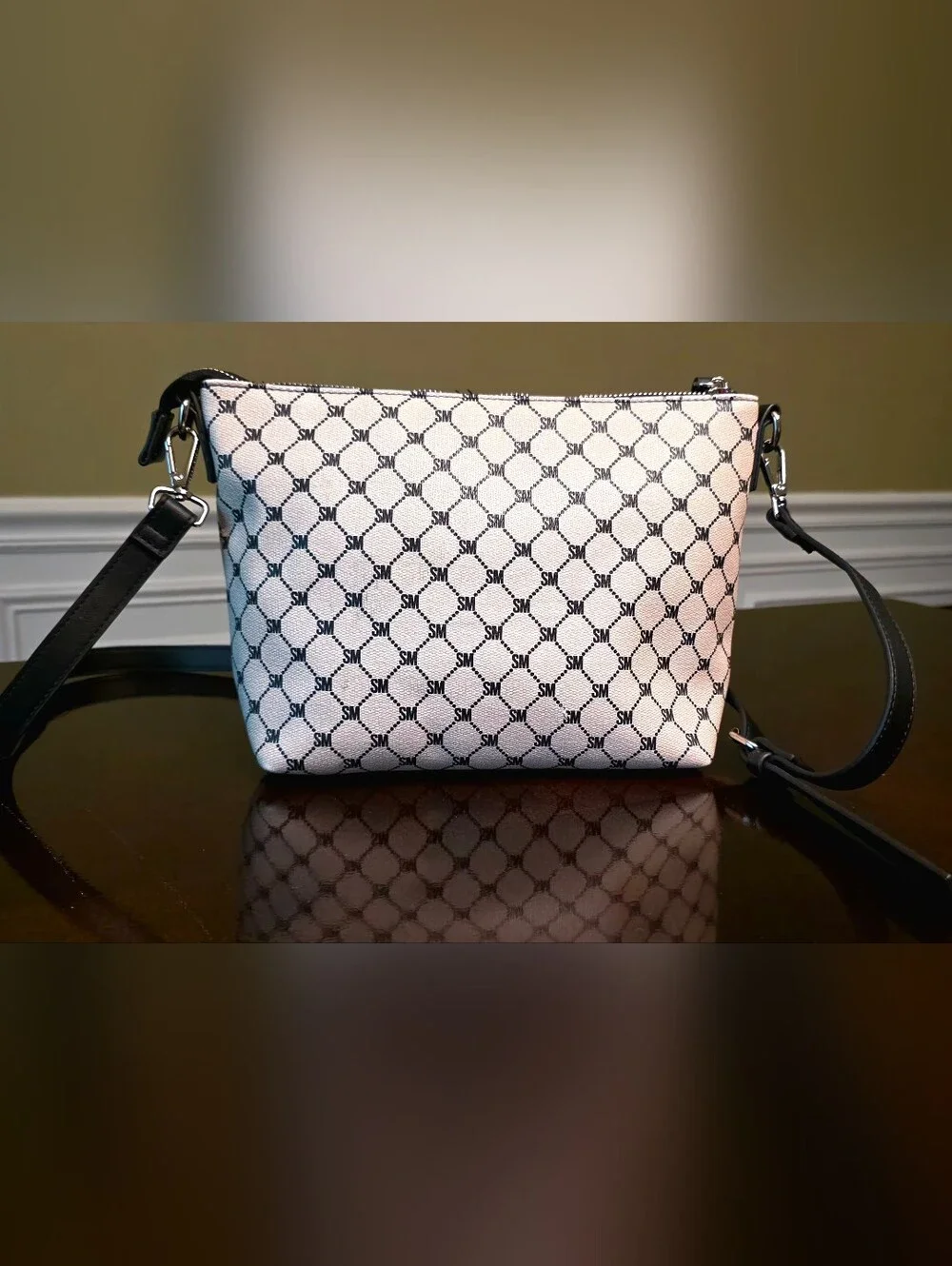 Steve Madden Beige Black SM Monogram Zip Crossbody Bag